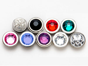Dynasty Shear Dial Colors from Pro Sharp Edges. Options are silver, black, red, green, pink, blue, purple, clear, and skull.